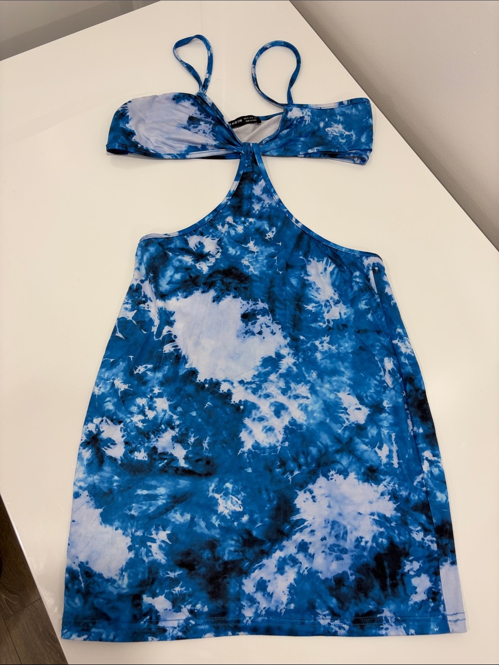 SHEIN Blue & White Tie-Dye Cutout Mini Dress